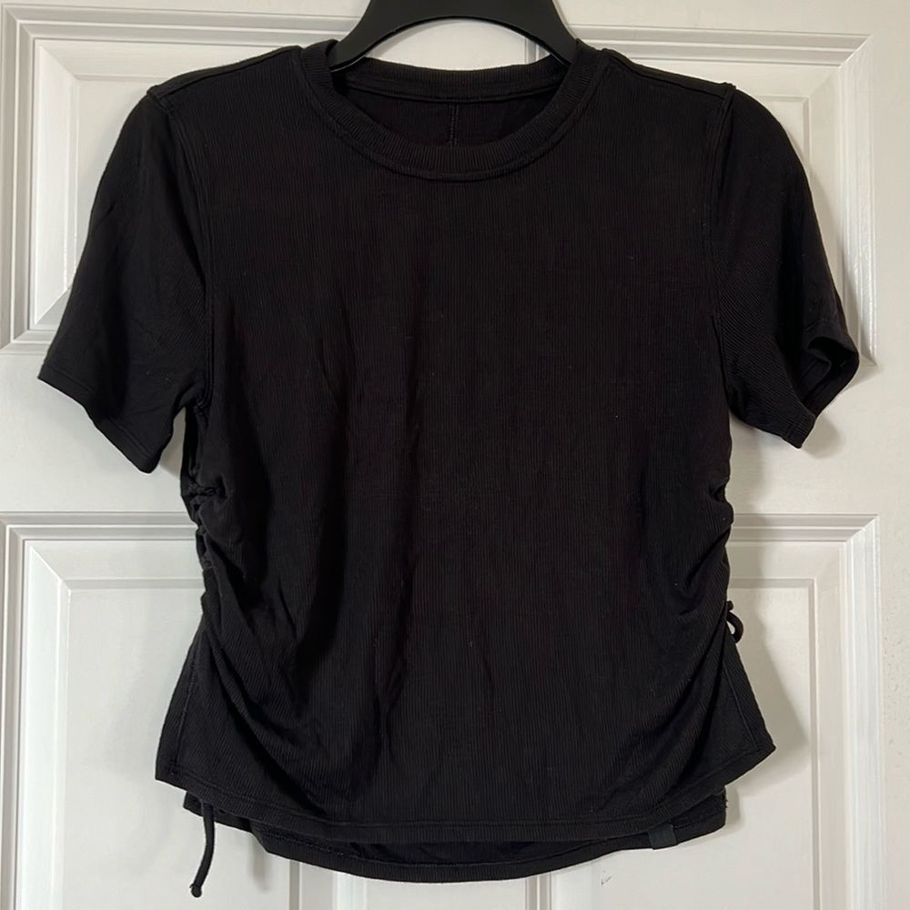 Black short sleeve tee,  super soft ribbed cotton,  drawstring gathered on sides